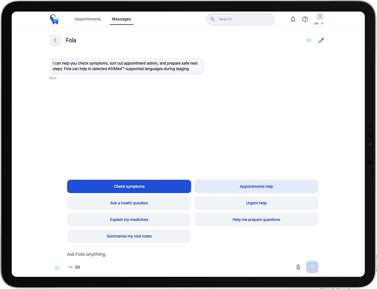 AfriMed™ Fola patient-assistance conversation on an iPad, with health questions, medicines explanations and appointment help.