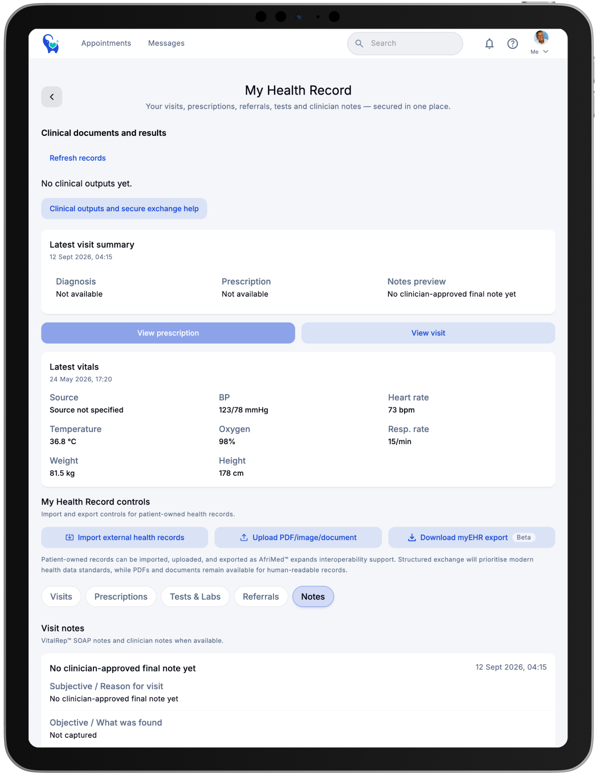 AfriMed™ myEHR on an iPad, showing the health record and visit-notes area.