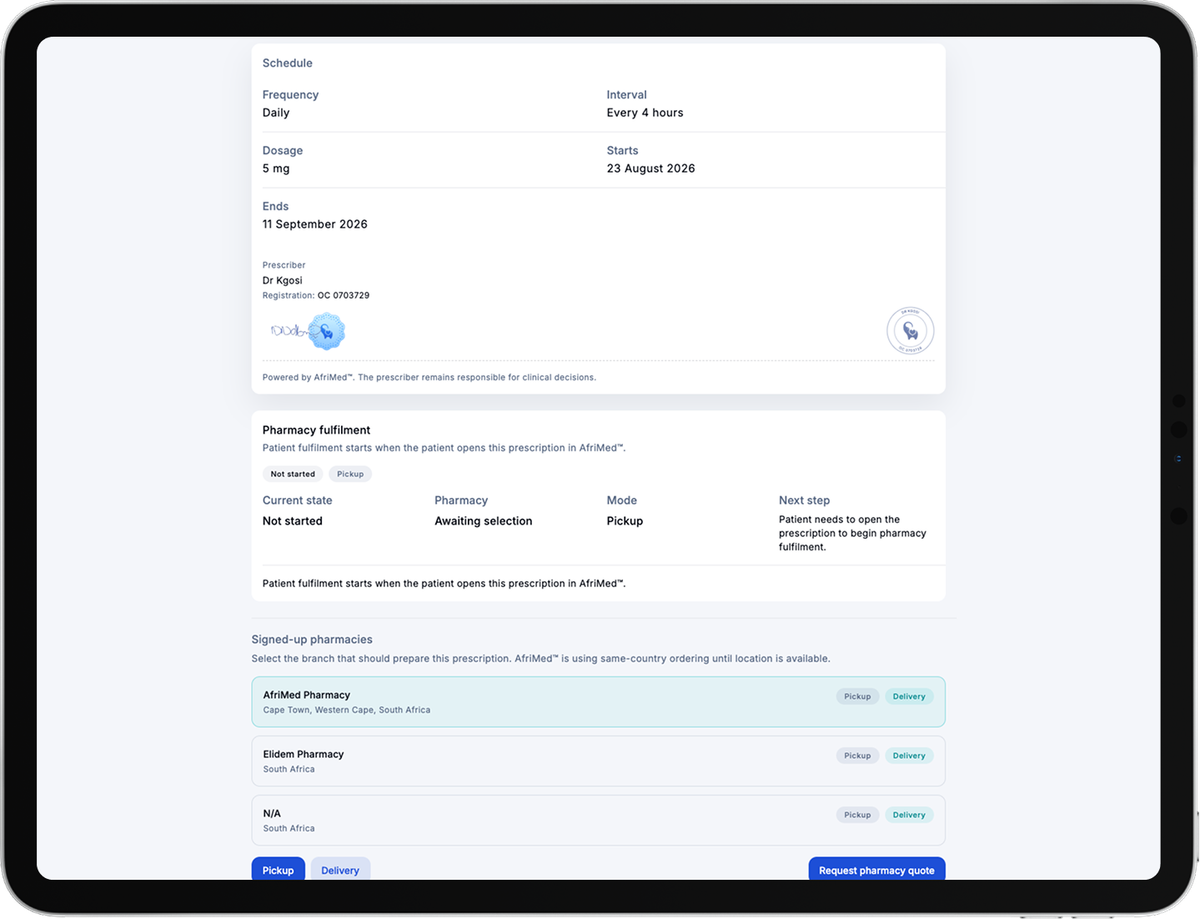 AfriMed™ issued prescription and pharmacy fulfilment handoff displayed on an iPad.