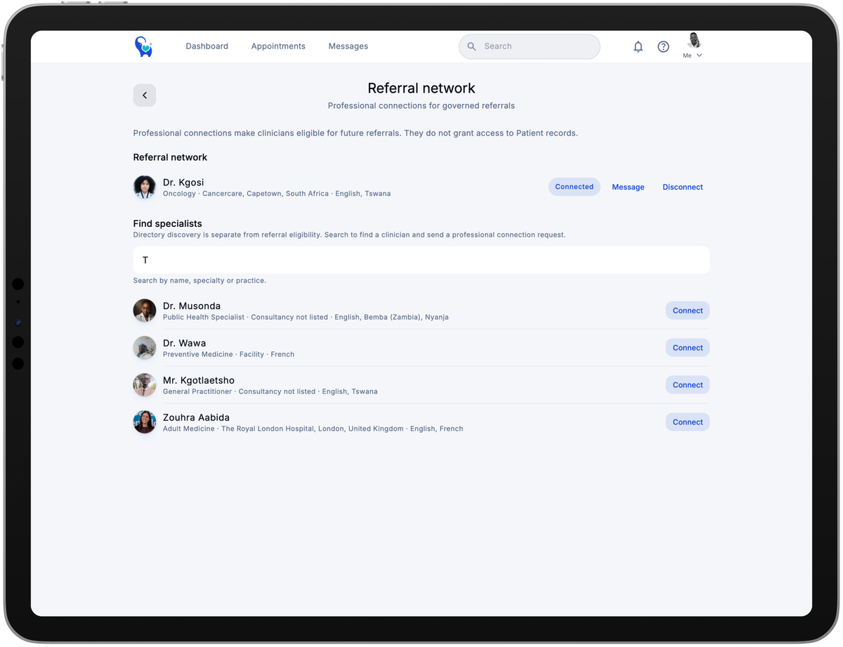 AfriMed™ professional referral network on an iPad, showing connections and specialist discovery.