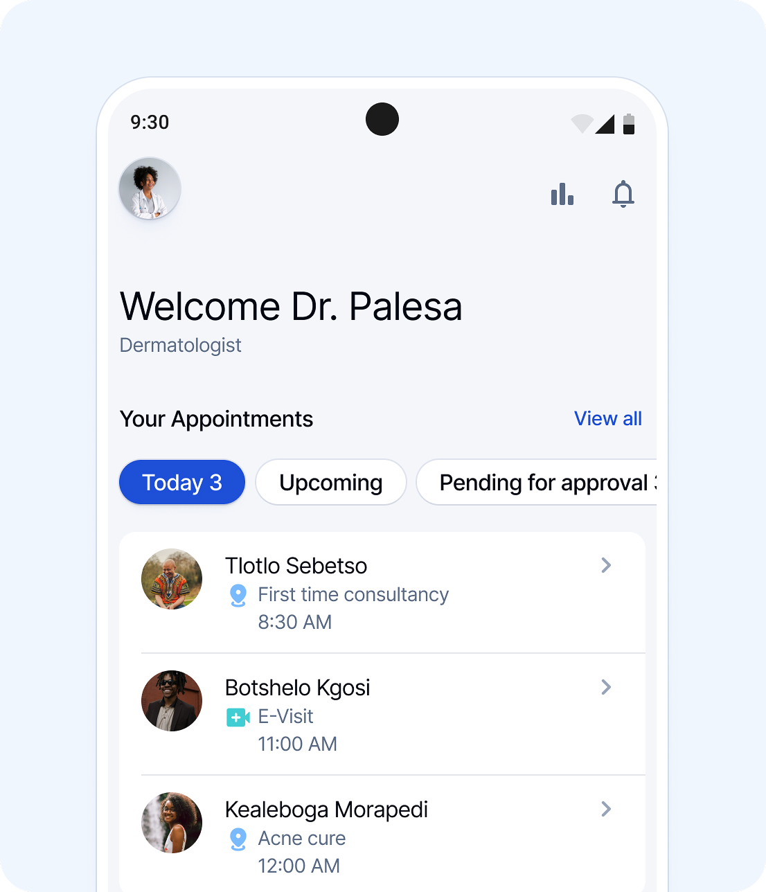 AfriMed™ clinician appointment screen in the original phone artwork.