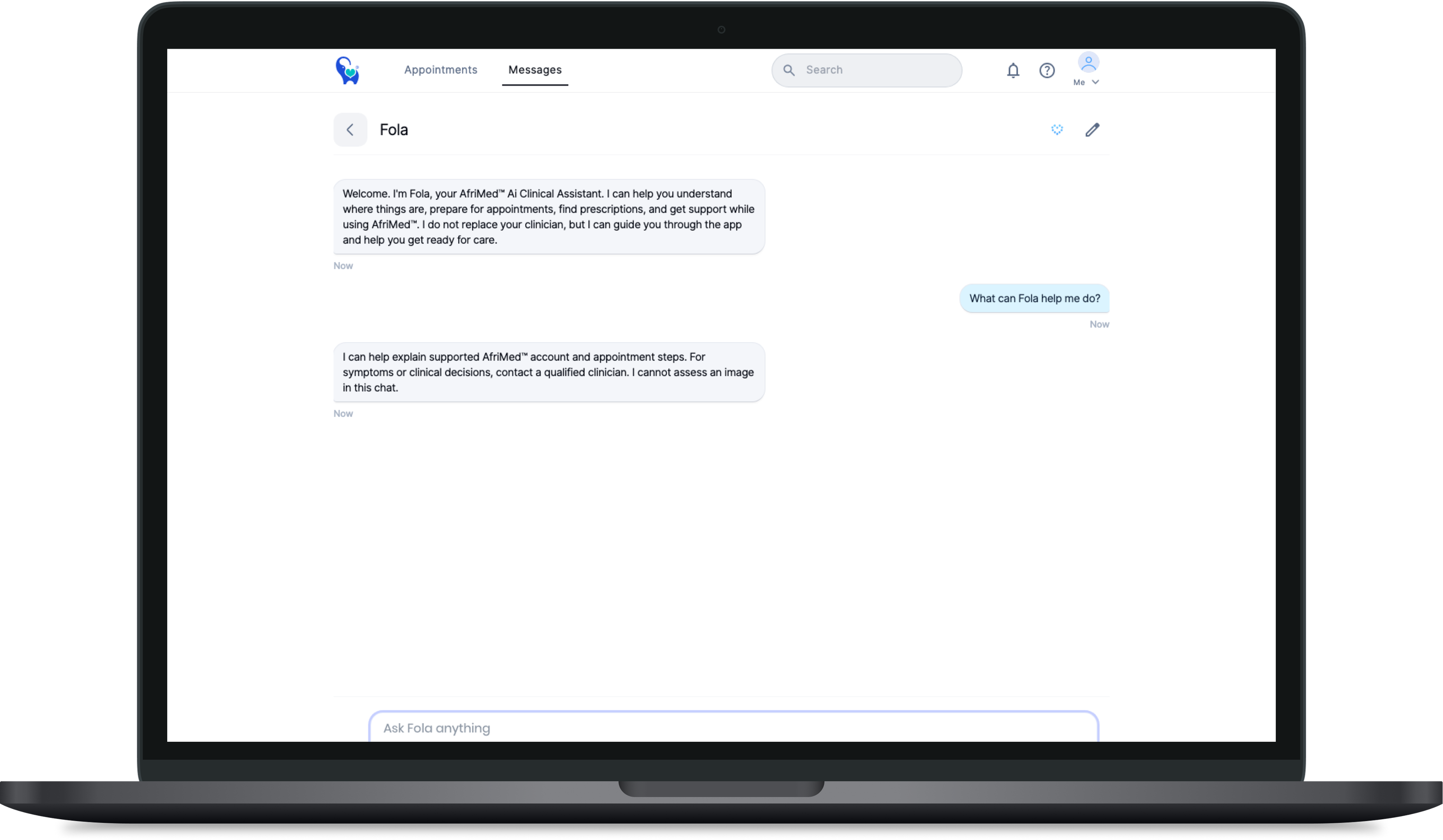 AfriMed™ Fola conversation showing a question about its purpose and a bounded reply.