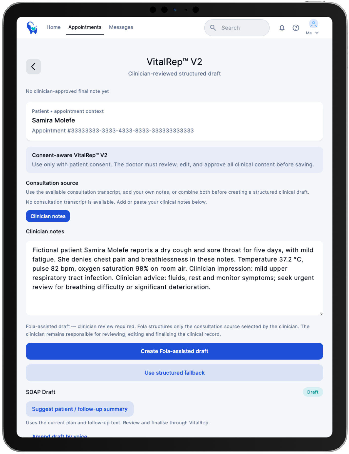 AfriMed™ VitalRep™ clinician screen showing a selected source, editable SOAP draft and review controls.