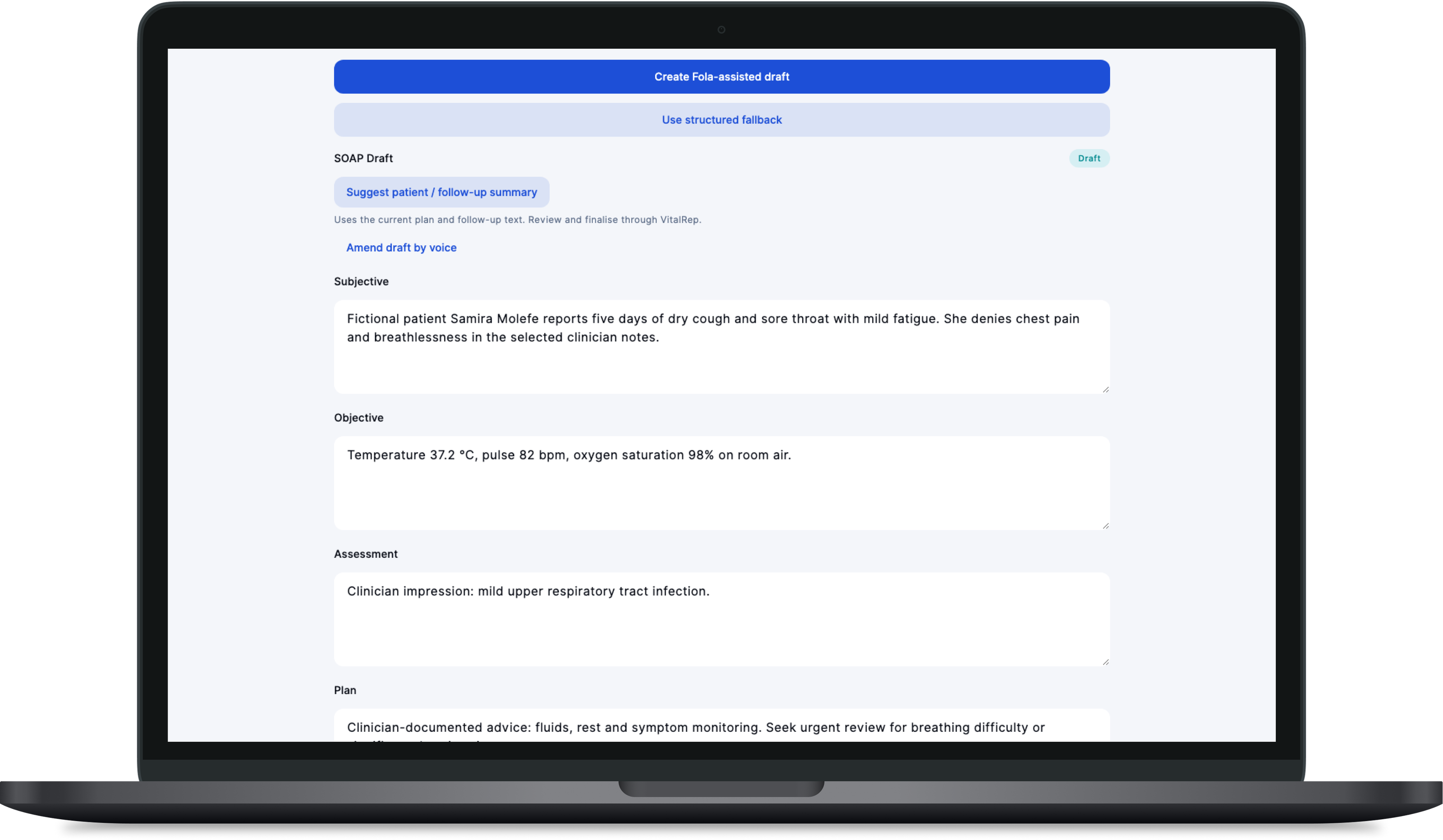 Editable VitalRep SOAP draft marked Draft, with Subjective, Objective, Assessment and Plan sections.